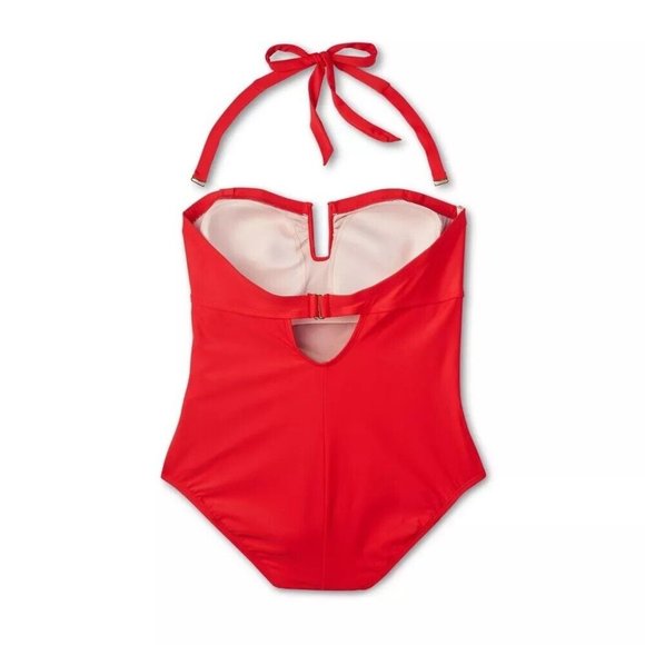 Kona Sol Womens Solid Red U-Wire Full Coverage Bandeau Halter Swimsuit - Picture 2 of 5